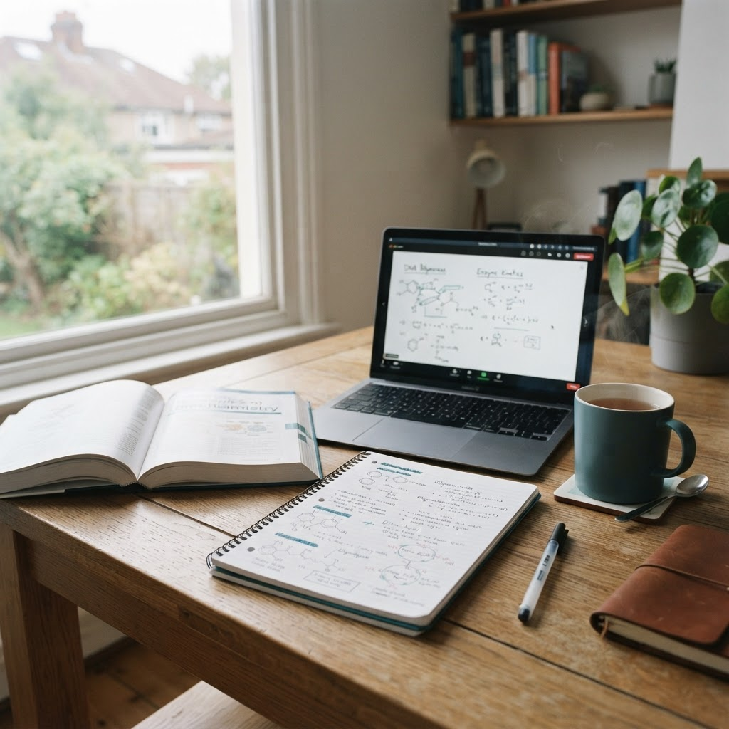 Espace de travail avec des notes de biochimie et un ordinateur portable