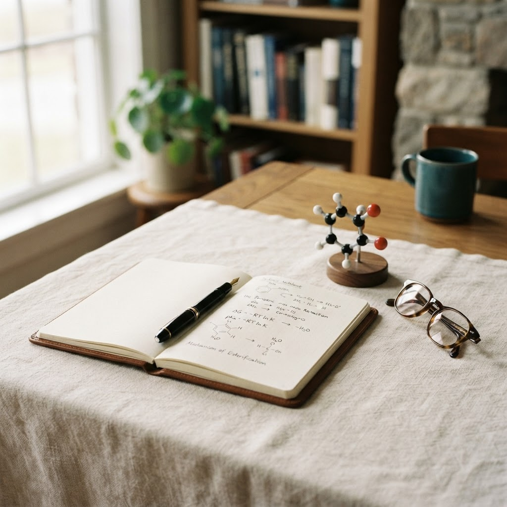 Bureau d'étude avec des notes de mathématiques et de sciences dans une lumière naturelle